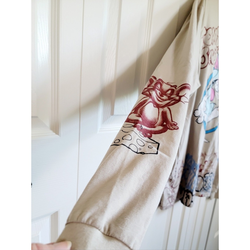 Tom and Jerry Mens 2XL Beige Long Sleeve Graphic T-Shirt Cartoon Graffiti - Picture 6 of 10
